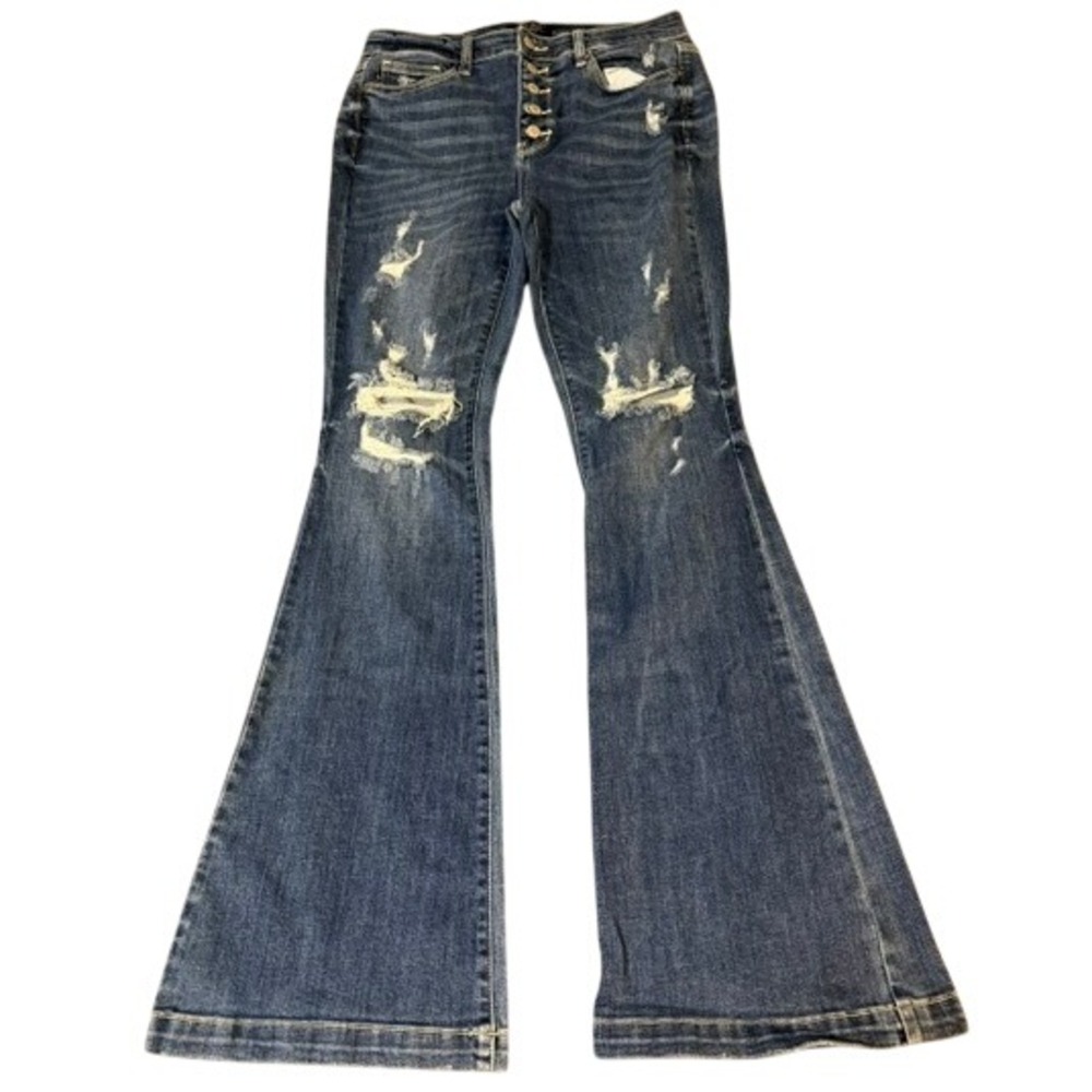 Judy Blue Trouser Flare Jeans Women 11/30 Blue Distressed High Rise Button Fly